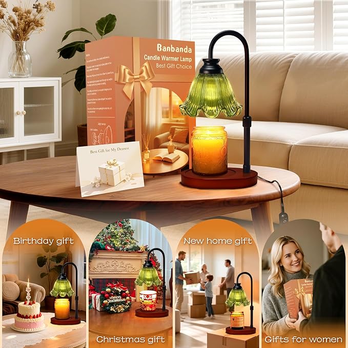 Candle Warmer Lamp with Timer Dimmable: Birthday Gifts for Women Mom,Wax Melt Warmer for Jar Candles, Vintage Home Decor, House Warming Gifts New Home (Green)