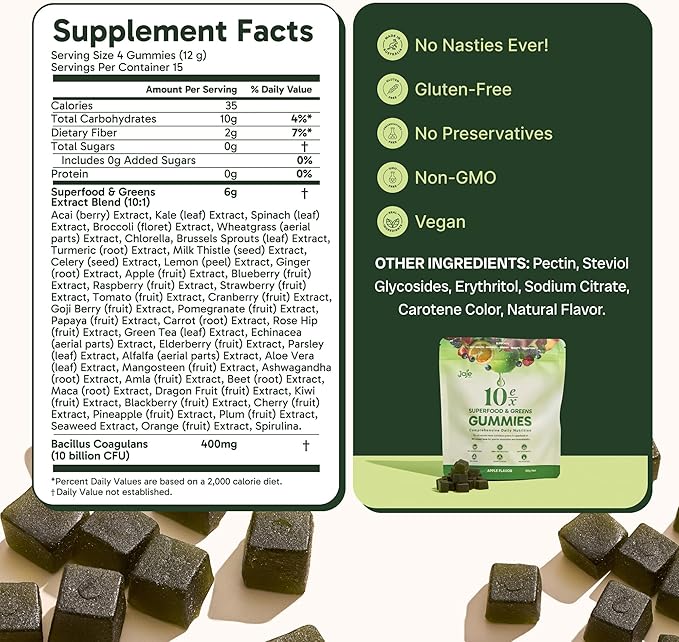 10ex Supergreens Gummies w/Probiotics. 40 Superfoods & Super Greens. 10x More Nutrients. Multivitamins & Antioxidants from Whole Foods. Healthy Snacks for Adults. Keto, Low Carb, Low Calorie Snacks.