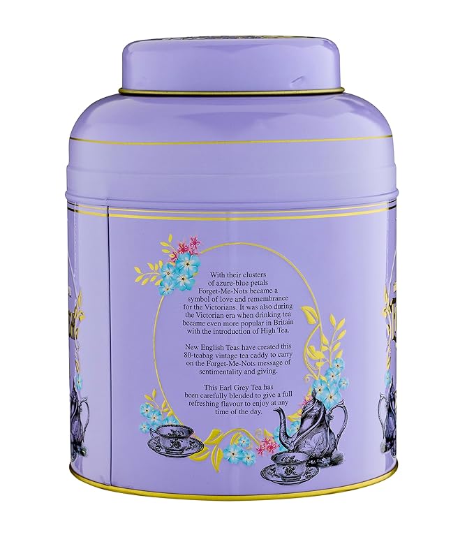 New English Teas VIntage Victorian Tea Caddy with 80 Earl Grey Teabags – Lilac – Forget Me Not Florals & Classic Tea Set Design