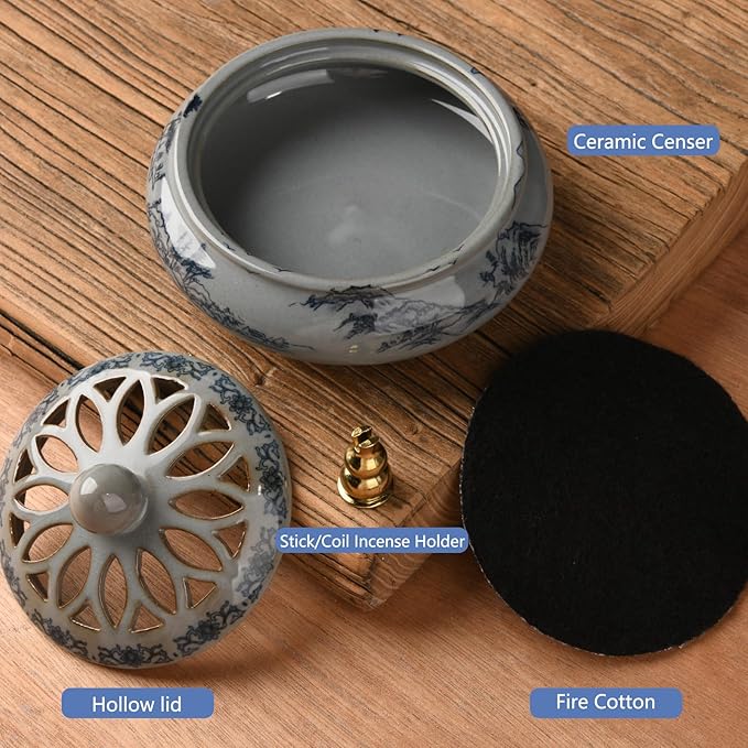 Ceramic Incense Burner with Holder for Stick/Coil Incense,Sage Cones and Mosquito Incense Handmade Smudging Burn Bowl for Cleansing Negative Indoor Energy and Other Incense Rituals, Cyan