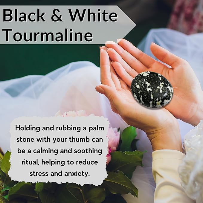 Amazing Gemstone Black and White Tourmaline Crystals and Healing Stones - Large Palm Stone Crystals Piedra - Crystal for Good Luck, Positive Energy, Meditation - Unique Stocking Stuffers, Gifts Women