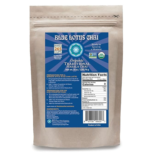 Blue Lotus Chai – Fully Organic Traditional Masala Chai - Makes 265 Cups – Just Add Hot Water, No Steeping, No Gluten - 8 Ounce Masala Spiced Chai Powder with Organic Spices – Authentic Indian Tea