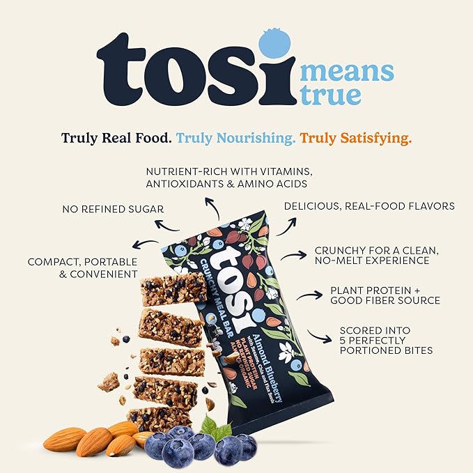Tosi Almond Blueberry Protein Bars, Plant Based with Nuts, Gluten-Free Crunchy Snacks, Vegan, Organic, Flax & Chia Seeds, Soy-Free,Omega 3s, 12G Protein, 2.4 oz, 12-Pack