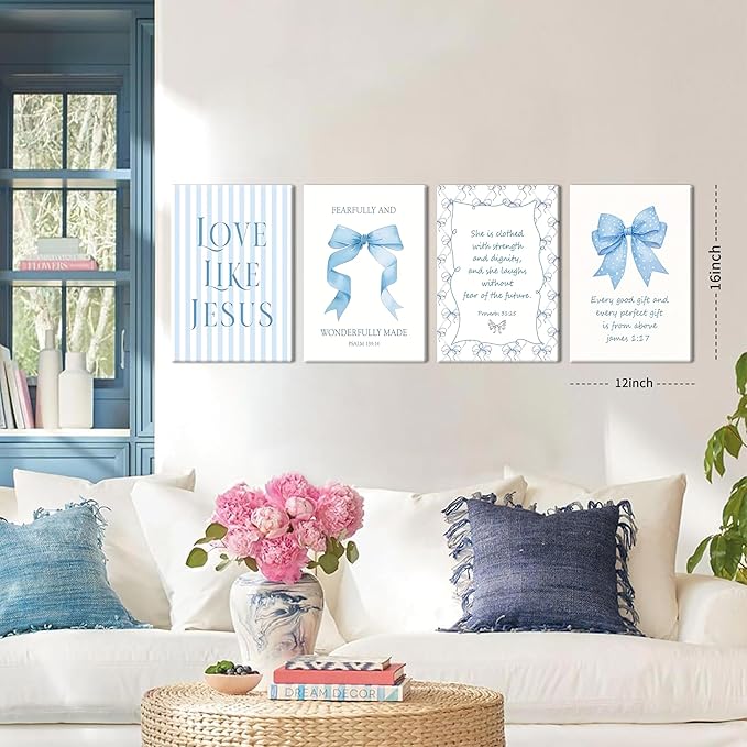 Light Blue Bow Christian Wall Art for Girls Dorm – Coquette Aesthetic Scripture Canvas Prints, Christian Wall Decor for Teen Room, or Bathroom – Framed Cute Spiritual Decor 12x16 inch