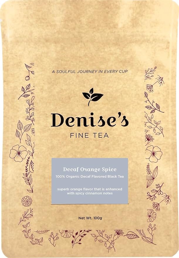 Denise's Fine Tea, USDA Organic, Decaf Orange Spice, Decaf Flavored Black Tea, Loose Leaf (100g) - Caffeine removed naturally using CO2