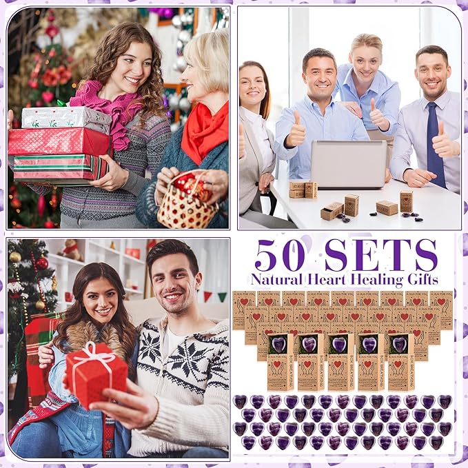 Landical 50 Sets Pocket Hug Token Gifts Small Crystal Heart Stones Bulk with Boxes Mini Heart Shape Natural Stones for Colleagues Family Distance Social Celebration of Life Gifts(Purple)