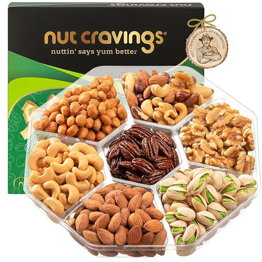 NUT CRAVINGS - Diwali Sweets Hamper Mixed Nuts Gift Basket in Green Gold Box (7 Assortments, 1 LB) Food Arrangement, Healthy Snack Care Package, Food Assortments