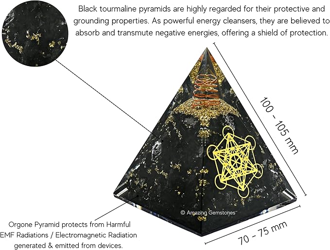 Amazing Gemstone Organite Orgone Pyramid Extra Large 105 MM - Metatron Cube Orgone Energy Pyramid with Black Tourmaline Crystals and Healing Stone - Orgonite Pyramids Crystals and Positive Energy