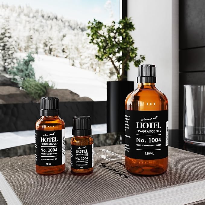 AirScent Hotel Diffuser Oil No. 1004 - White Tea, Oakmoss and Vanilla - Premium Fragrance Oil for Ultrasonic and Waterless Diffusers and Crafting - 120 mL, 4 fl oz Glass Bottle