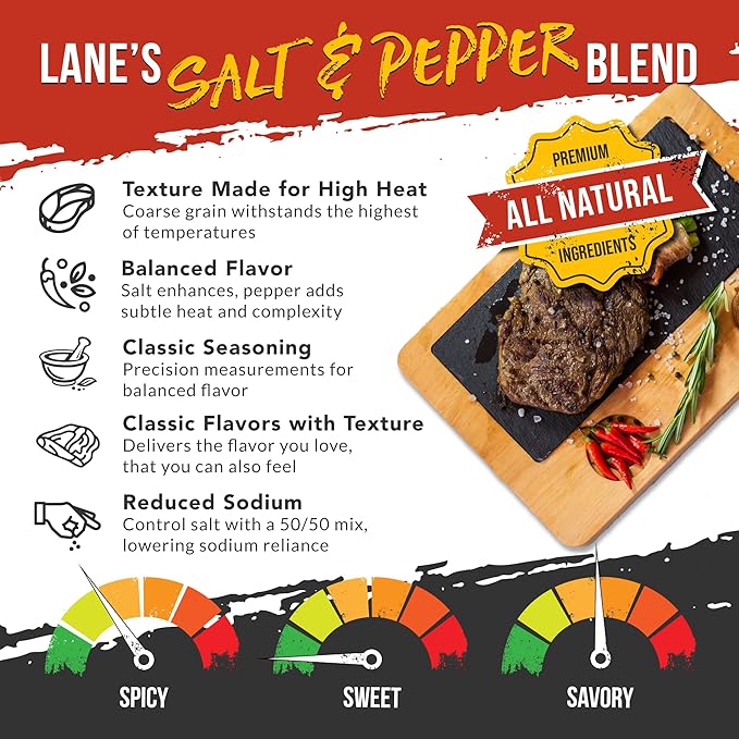 Lane's Coarse Salt and Pepper 50/50, 12.5 oz - Classic Blend of Kosher Salt & Coarse Black Pepper 16 Mesh for Cooking & Grilling - Seasoning for Meats, Vegetables & More, Gluten-Free, Made in USA