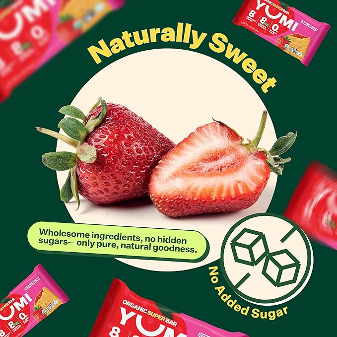 YUMI Organic Breakfast Superbar, Gluten-Free, No Added Sugar, 7+ Vegetables, Soft-Baked Crust, Healthy Snack Bars for Kids, School Safe, Healthy Alternative to Granola Bars or Cereal Bars, Strawberry (30ct)