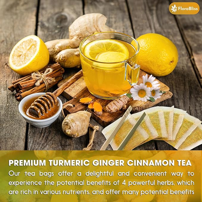 50 Bags Premium Turmeric Ginger Cinnamon Tea with Upgraded Chamomile, Extra Strength 2.2g/Bag, 100% Natural, Caffeine-Free, Vegan, Eco-Friendly, Supports Digestion, Relaxation