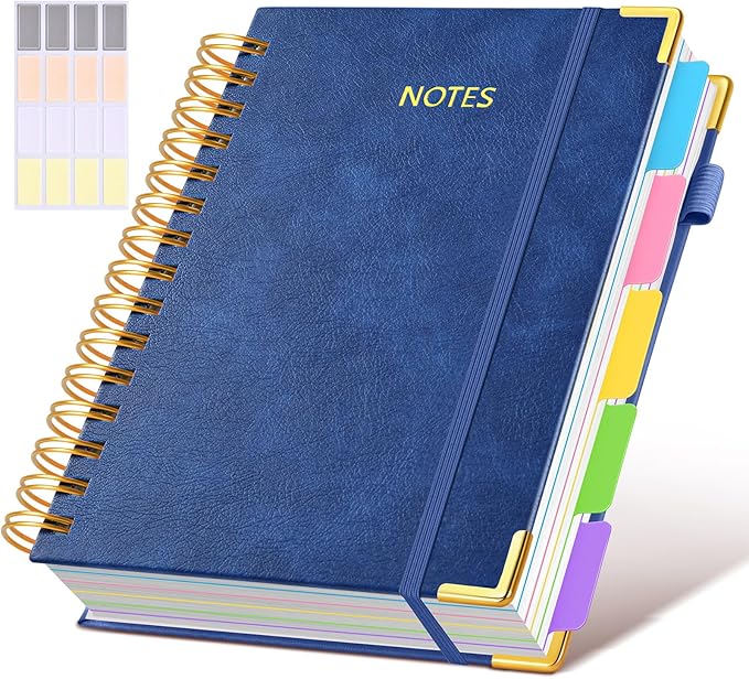 Hardcover Spiral Notebook journal with Removable Dividers Tabs, 300 Pages Leather 5 Subject Notebook College Ruled, 100GMS A5 Notebooks for Work School Note taking,Lined Journal for Women,A5 Navy