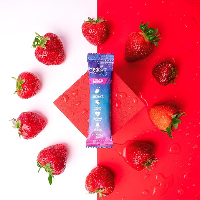 HydroMATE Electrolytes Powder Drink Mix Packets Hydration Accelerator Low Sugar Rapid Party Relief Recovery Vitamin C Plus Caffeine Strawberry 16 Count