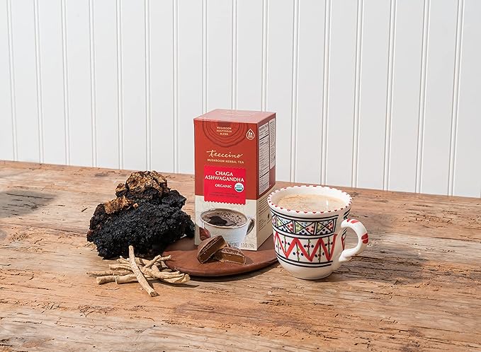 Teeccino Chaga Ashwagandha Tea - Butterscotch Cream - 25 Tea Bags - Organic Mushroom Adaptogenic Herbal Tea, 3x More Herbs than Regular Tea Bags, Prebiotic, Caffeine Free, Gluten Free