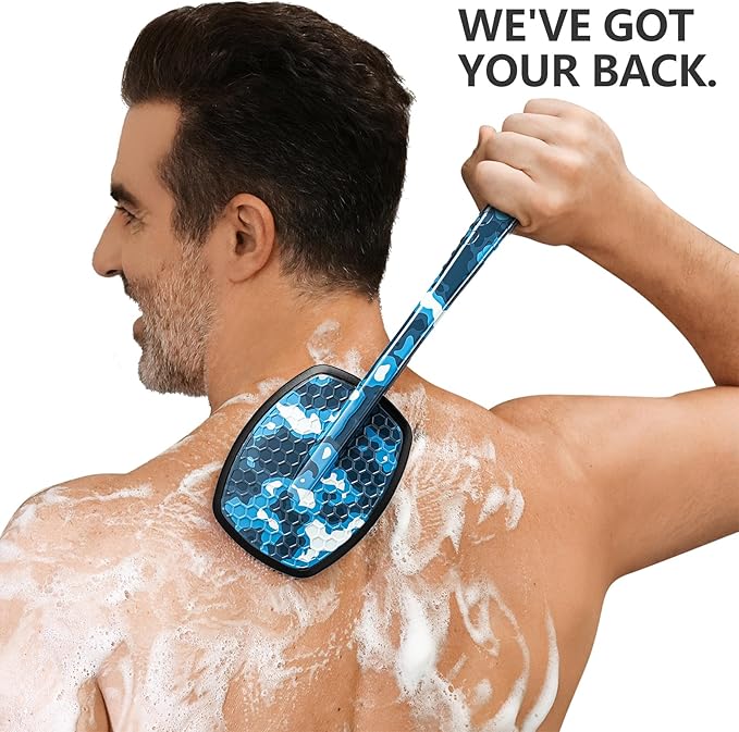 New Camo Blue Silicone Back Scrubber for Shower,Back Shower Brush with Long Handle Back Scrubber for Men and Women