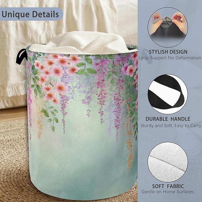 Colorful Flowers Laundry Basket,Foldable with Handles Tote Bag Oxford Cloth for Bathroom Bedroom Dirty Clothes Storage Bucket 16" x 20.8"