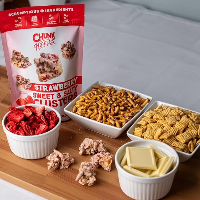 Chunk Nibbles Strawberry Snack Clusters - Real Freeze-Dried Strawberries, Pretzels & Corn Squares - Gourmet Fruity Sweet & Salty Snack, Handcrafted, No Artificial Colors - 4.25oz Resealable Pouch (3 Pack)