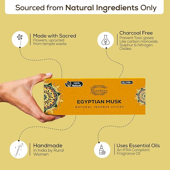 Raajsee Egyptian Musk Incense Sticks 100 Gm Pack-100% Pure Organic Natural Hand Rolled Free from Chemicals-for Church,Aroma Therapy,Relaxation,Meditation & Sensual Therapy