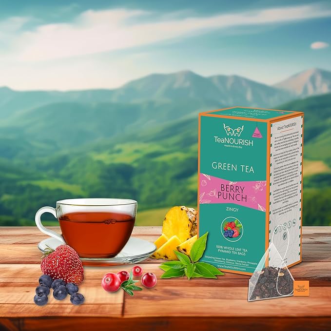 TeaNOURISH Berry Punch Green Tea | 20 Count Pyramid Tea Bags | Zingy & Refreshing | Darjeeling Whole Leaves | 100% Natural Fresh Berries & Hibiscus Flower