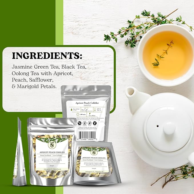 Nelson's Tea Apricot Peach Cobbler Tea Loose Leaf Blend - Jasmine Green Tea, Black Teas, Oolong, Safflower & Marigold Petals - Apricot Peach, Black Jasmine Teas (Sample 0.3 Oz)