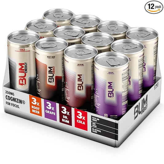 BUM Zero Sugar Energy Drink Variety Pack – Root Beer, Beer, Dr. Bum, Cola & Grape – Lightly Carbonated Sports Beverage with Natural Caffeine & Citicoline for Focus & Energy – 12 fl oz (12-Pack)