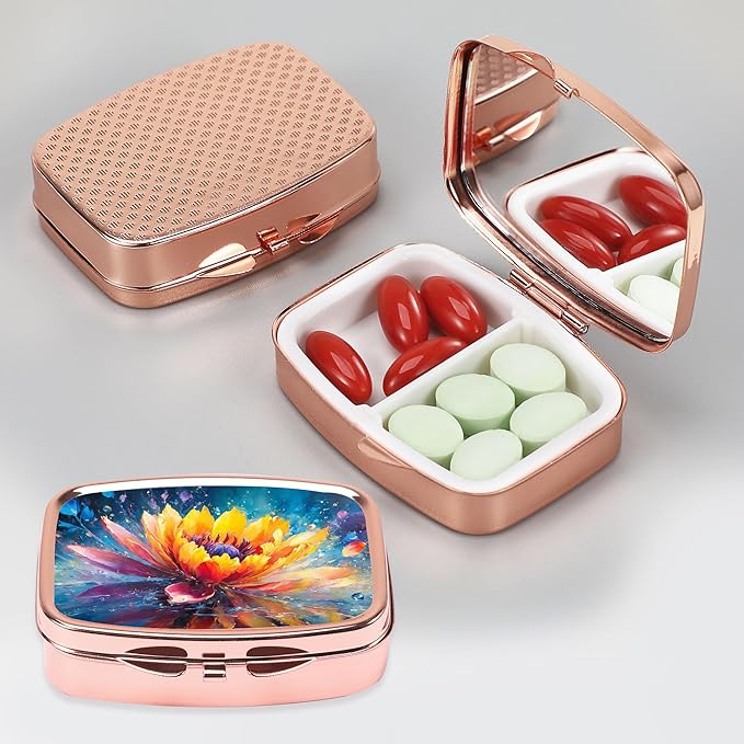 Dynippy Pill Case Pill Box with Mirror Retro Pocket 2 Compartment Medicine Case Vitamin Pill Organizer for Pocket Purse and Travel (Rose Gold - Colorful Flower)