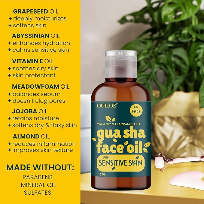 Gua Sha Oil for Sensitive Skin - Face Oil Gua Sha Massage - Lymphatic Anti Aging Facial Massage Oil - Safe for Acne Prone Skin, Non Comedogenic, Fragrance Free, Natural & Non Greasy, 2oz