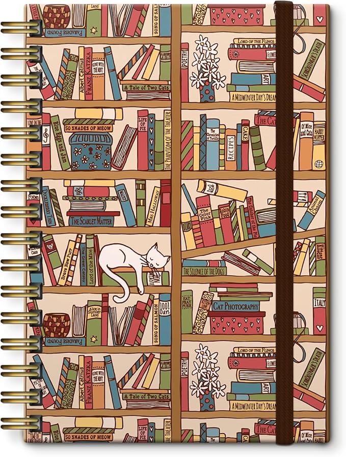 Cute Spiral Notebook, Journal for Women, Hardcover Spiral Journal, 5.5 x 8.3 Inches, 120 Pages,100gsm Paper, for Gifts Nurse Teacher Women Office Supplies(Cute Cat Bookshelf)