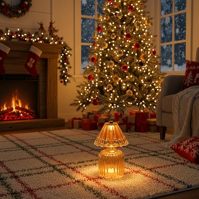 Battery Operated Lamp with Auto-Off Timer, Cordless Table Night Light for Bedroom & Entryway, Portable LED Lamp for Home, Outdoor, Camping No Battery Included (Umbrella Design - Amber)