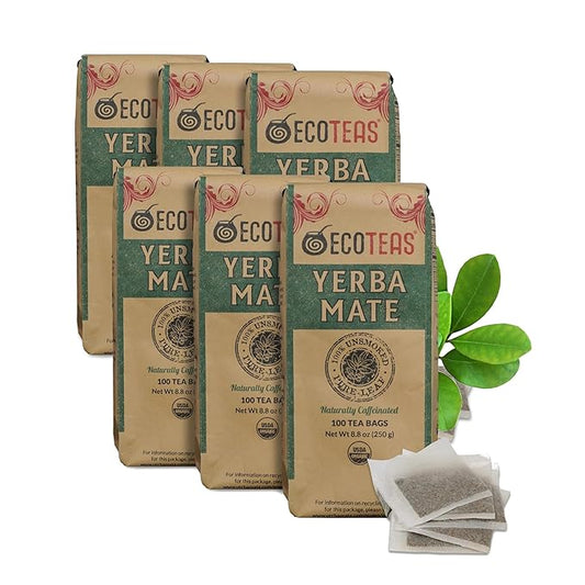 ECOTEAS Premium Unsmoked Yerba Mate Tea Bags - Detox and Hi Caf Tea - Organic - 100 Tea Bags, 8.8 oz (6 pack)