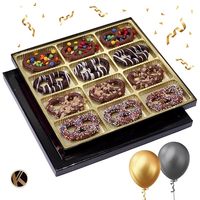 KREMERY Creamy Chocolate Cravings - Birthday Treats, Chocolate Covered Pretzel Twists Gift Basket, in Sectional Gift Box + Greeting Card (12 Pretzels, Assorted Sweet Toppings) Food Assortments