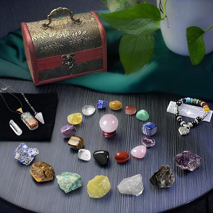 Healing Crystals Set, 28 Pcs Crystals and Healing Stones 7 Chakra Stones Kit for Beginners Raw Protection Reiki Spiritual Energy Meditation Natural Gem with Wooden Box, Crystals Gifts for Women