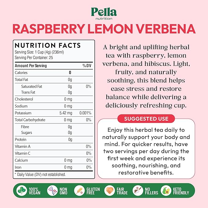 Lemon Verbena and Hibiscus Tea – Contains Lemongrass, Corn Flowers, Apple, Lemon & Raspberry – Vegan, Kosher, Caffeine-Free Herbal Drink – Soothing Fruity Blend for Relaxation & Vitality (25 Tea Bags)