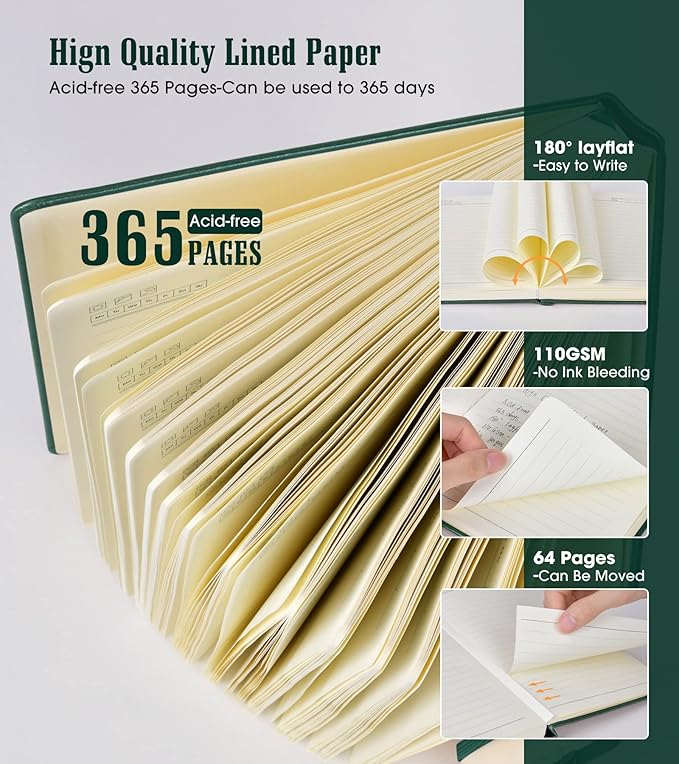 Lined Journal Notebook, 365 Pages B5 Large Journals for Writing Ruled Notebook, Hardcover Leather Journal for Women Men, Daily Notebook for Work, Note Taking, 100Gsm Thick Paper( 7.6'' X 10'' Green)