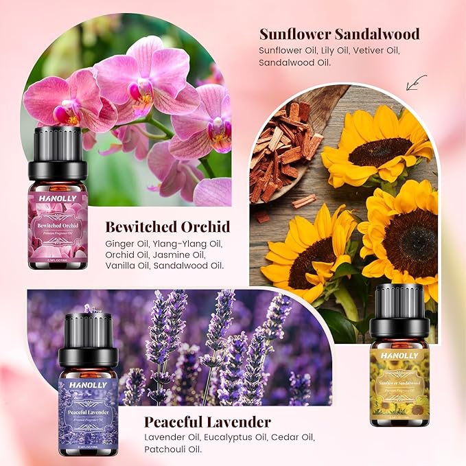 Floral Essential Oils Set - 6 Premium Fragrance Oil for Diffusers, Candle Making, Humidifier - Pink Peony, Wild Rose, Lavender, Sunflower Sandalwood, Bewitched Orchid, White Lily Aromatherapy Oi