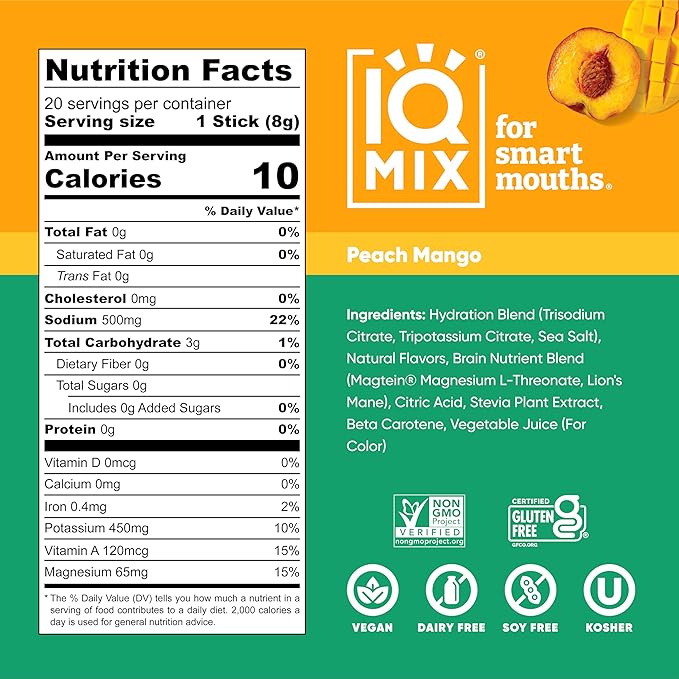 IQMIX Hydration Electrolyte Powder – 4-in-1 Formula for Hydration, Mental Clarity, Mood and Recovery – Sugar-Free Drink Mix, Keto, Magnesium L-Threonate, Lion’s Mane – 20 Count Peach Mango