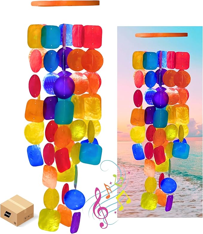 Bellaa 22890 Wind Chimes Outside, Garden Decorations, Musical, Chime, Outdoor Windchimes, Rainbow, Beach, Ocean, Breeze, Gifts for Mom, Gift for All Occasions, Capiz Sea Glass Shells Wood