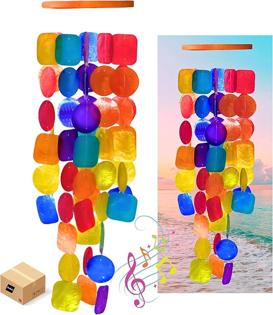 Bellaa 22890 Wind Chimes Outside, Garden Decorations, Musical, Chime, Outdoor Windchimes, Rainbow, Beach, Ocean, Breeze, Gifts for Mom, Gift for All Occasions, Capiz Sea Glass Shells Wood