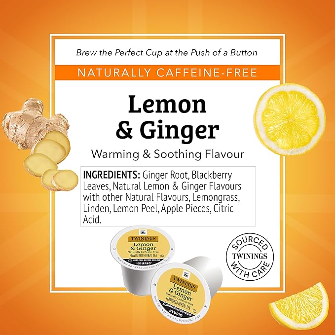 Twinings Lemon & Ginger Herbal Tea 72 K-Cup Pods for Keurig, 12 Count (Pack of 6), Tangy & Spicy, Naturally Caffeine-Free, Enjoy Hot or Iced