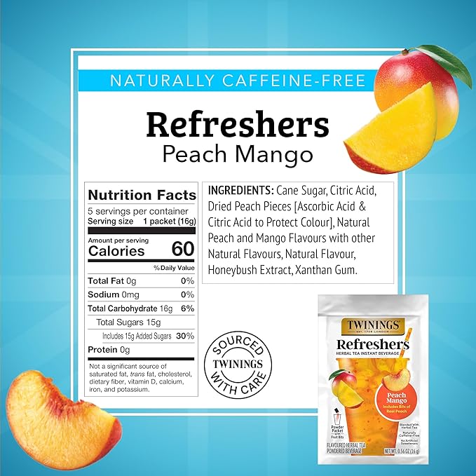 NEW Twinings Peach Mango Refreshers, Herbal Tea Instant Beverage with Real Peach Fruit Bits, 5 Count (Pack of 1), Café Style, No Artificial Sweeteners, Naturally Caffeine-Free Refreshment, 5 Packets