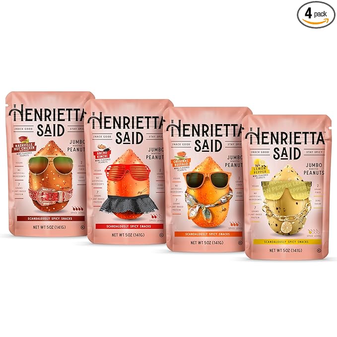 Henrietta Said Wing-Flavored Peanuts - Variety Pack - Truly Good Foods Shelled Snacking Nuts - Bold Flavors - Savory & Spicy - Jumbo Flavored Peanuts - Protein Packed Vegan Snack - 4 (5-oz) Packs