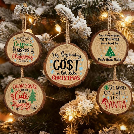 5pcs Vintage Christmas Decor Ornaments Wood Slices Christmas Tree Decorations Wooden Decorative Hanging Ornaments with Hemp Rope for Holiday Party Home Outdoor Indoor 3×3 Inch