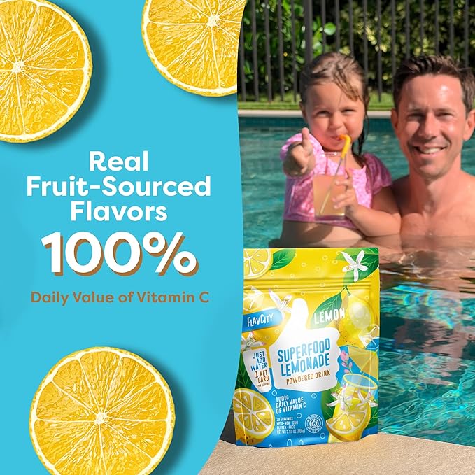 FlavCity Superfood Lemonade Drink Mix - Sugar-Free Lemonade Powder with Real Crystallized Lemon & Organic Acerola - 100% DV Vitamin C - Keto, Gluten-Free, Non-GMO (30 Servings)