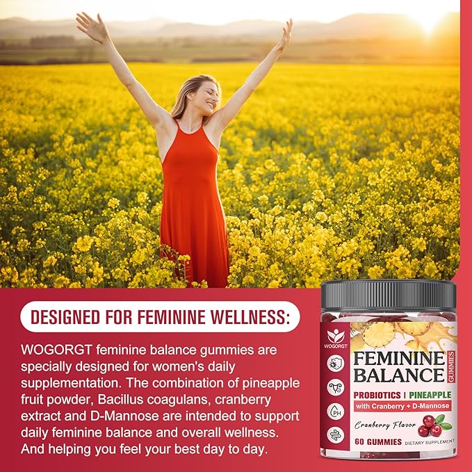 Feminine Balance Gummies for Women - Vaginal Health, pH Balance Support, Pineapple Probiotics Gummies for Women with Cranberry Extract and D-Mannose, Sugar Free, Vegan, Cranberry Flavor - 60 Ct