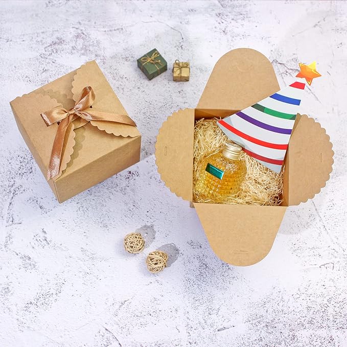 Brown Box for Presents, 10 Pack Small Empty Kraft Paper Gift Boxes with Ribbon For Packaging Candy, Cookie, Chocolate, Craft, Candle, Small Gifts, 4.75” x 4.75” x 3.53”