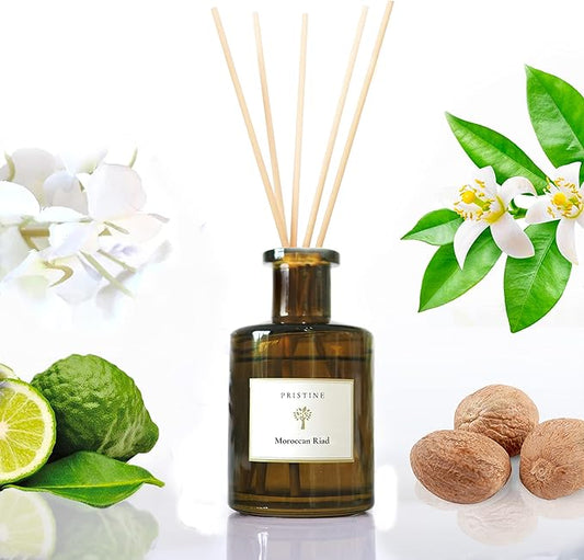 PRISTINE Moroccan Riad/Inspired by Venetian Reed Diffuser for Home | Refreshing Blend of Bergamot, Orange, Earthy Oud Reed Diffuser Set, Oil & Reed Diffuser Sticks | Home & Office Decor