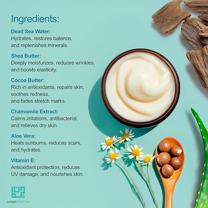 Juman Shea Body Butter with Dead Sea Minerals | Made with Natural Shea and Cocoa Butter | Infused with Plant Extracts, Vitamin E & Chamomile Extract | Oud Scented Skin Butter | 7.1oz