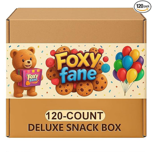 Foxy Fane 120 count Deluxe Snack Box - Ultimate Gift Care Package with Variety Assortment of Crackers, Cookies, Candy, Chips & other Snacks - Bulk Bundle of Delicious Treats (120 Snacks)