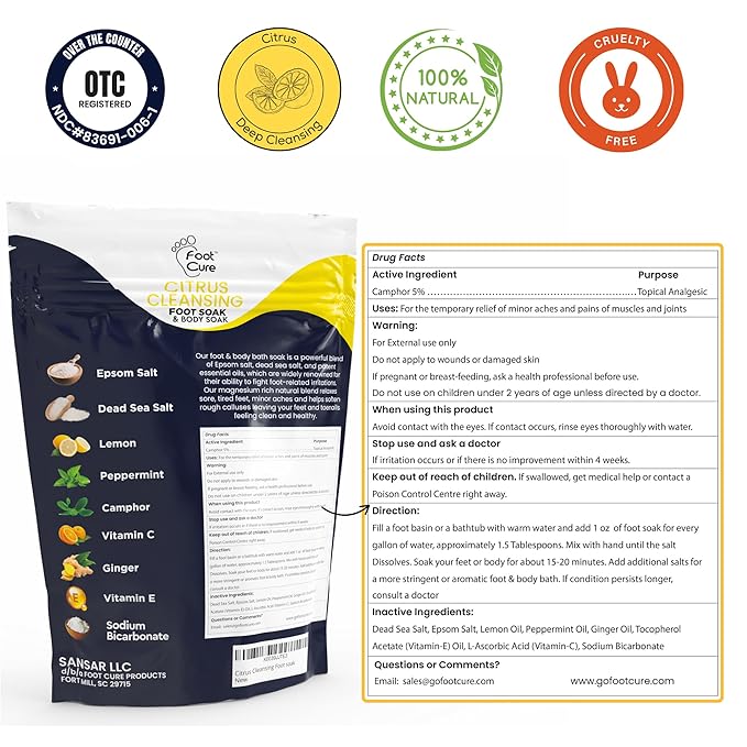 FOOT CURE Citrus Detox Foot Soak With Epsom Salts for Foot Callus, Immune Boost, Damaged Toenail, Athletes Foot, Pedicure and Soothes Tired Aching Feet - 16 oz (Pack of 2)